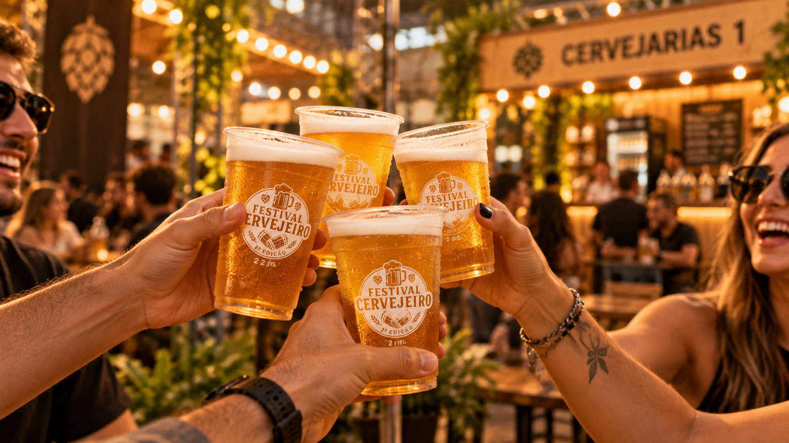 Mãos brindando com copos de chopp